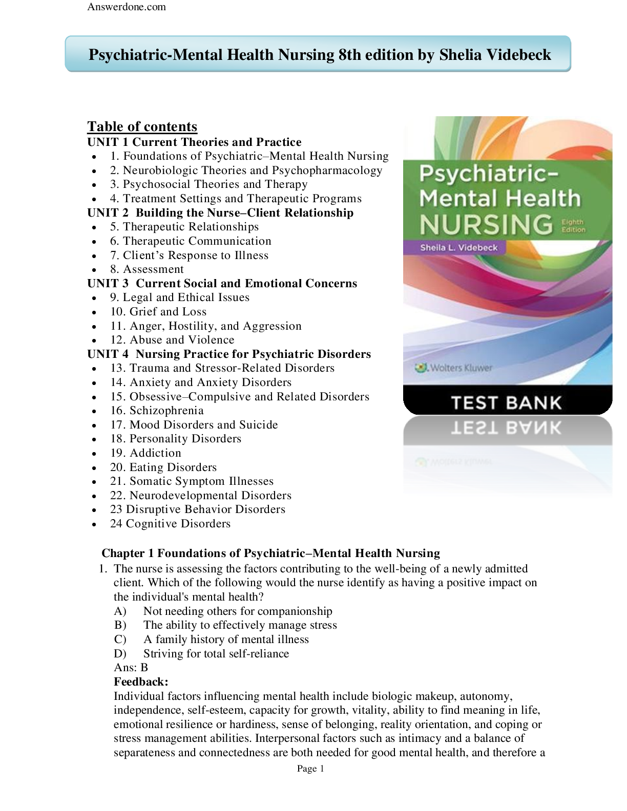Preview of TEST BANK Psychiatric Mental Health Nursing 8th edition by Shelia Videbeck